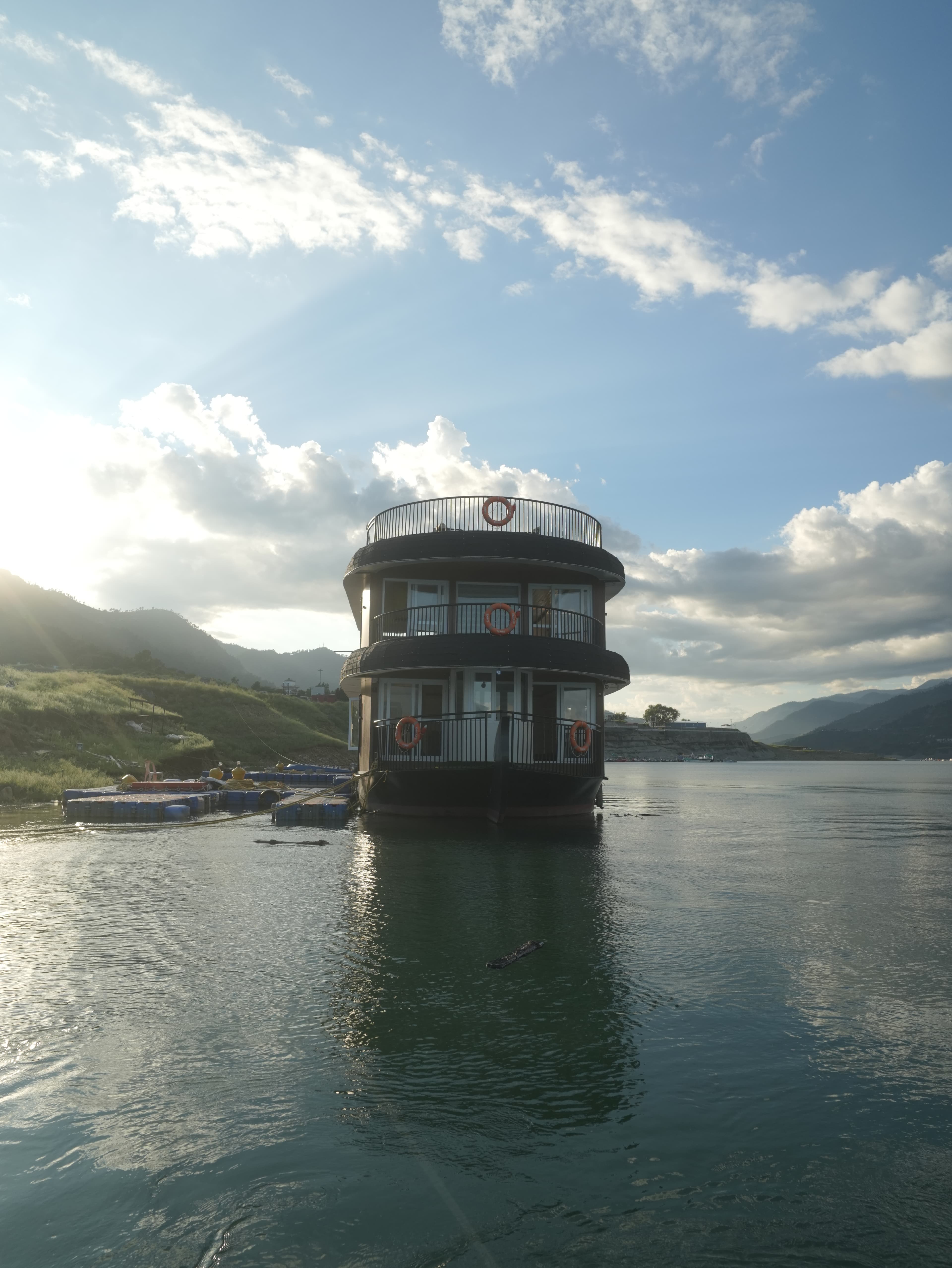 Lake Escape floating catamaran front view
